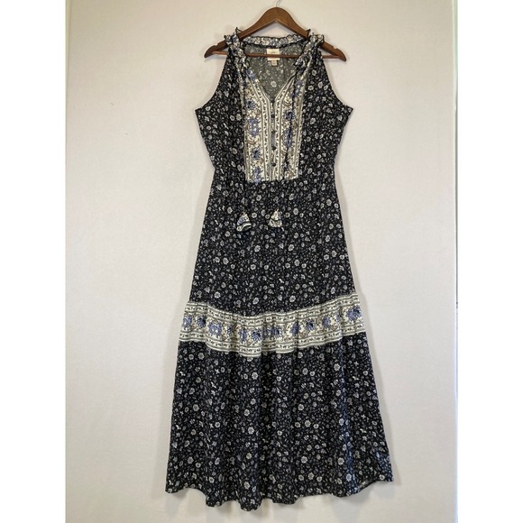 Knox Rose Dresses & Skirts - Knox Rose Black Floral Maxi Dress with Cream & Blue Trim